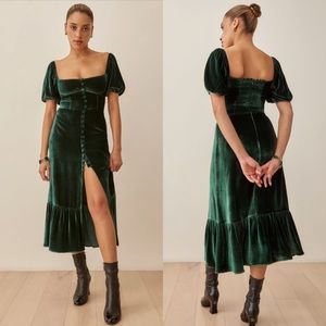 Reformation Leonie Velvet Short Sleeve Midi Dress in Forest Size 6